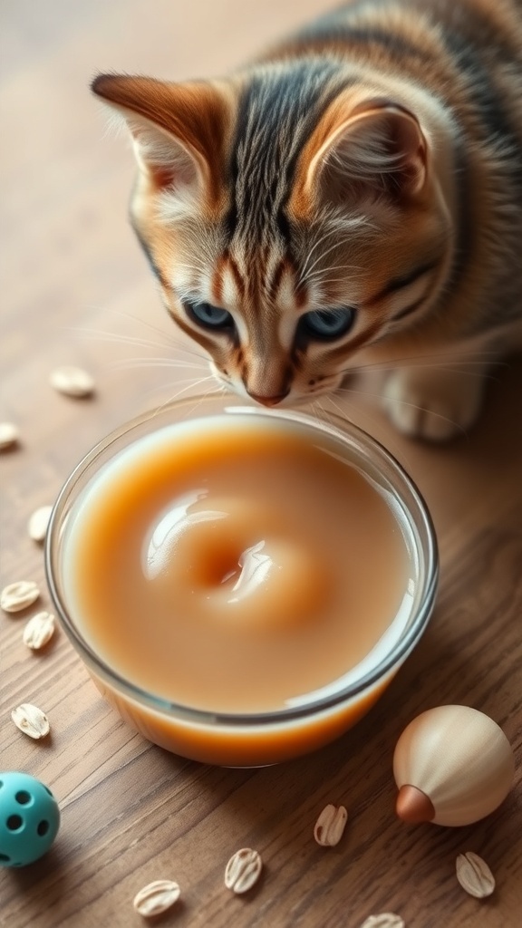 A bowl of oat jelly for cats, with a curious cat nearby, on a wooden surface.